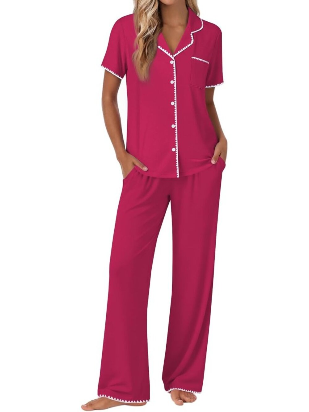 Women Rose Red Short Sleeve Sleepwear Button Up Shirt Pajamas Set 2 Piece